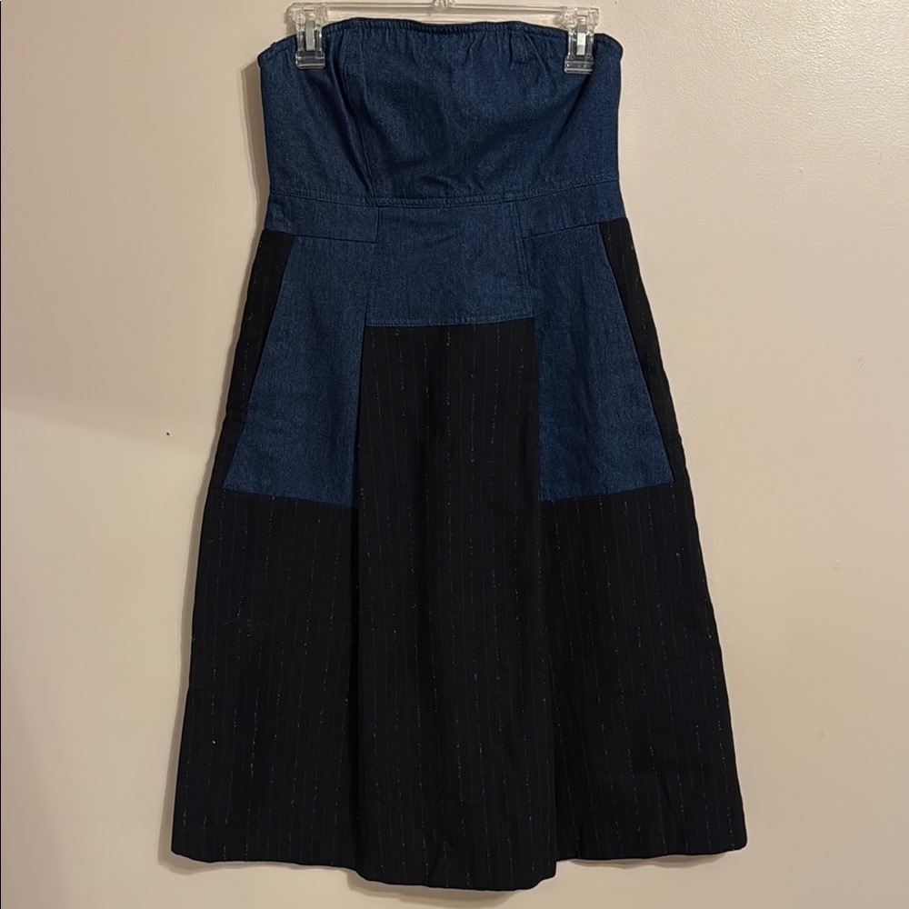 Tela Denim Midi Designer Dress with Navy Panels Strapless Size US Small Tie Back